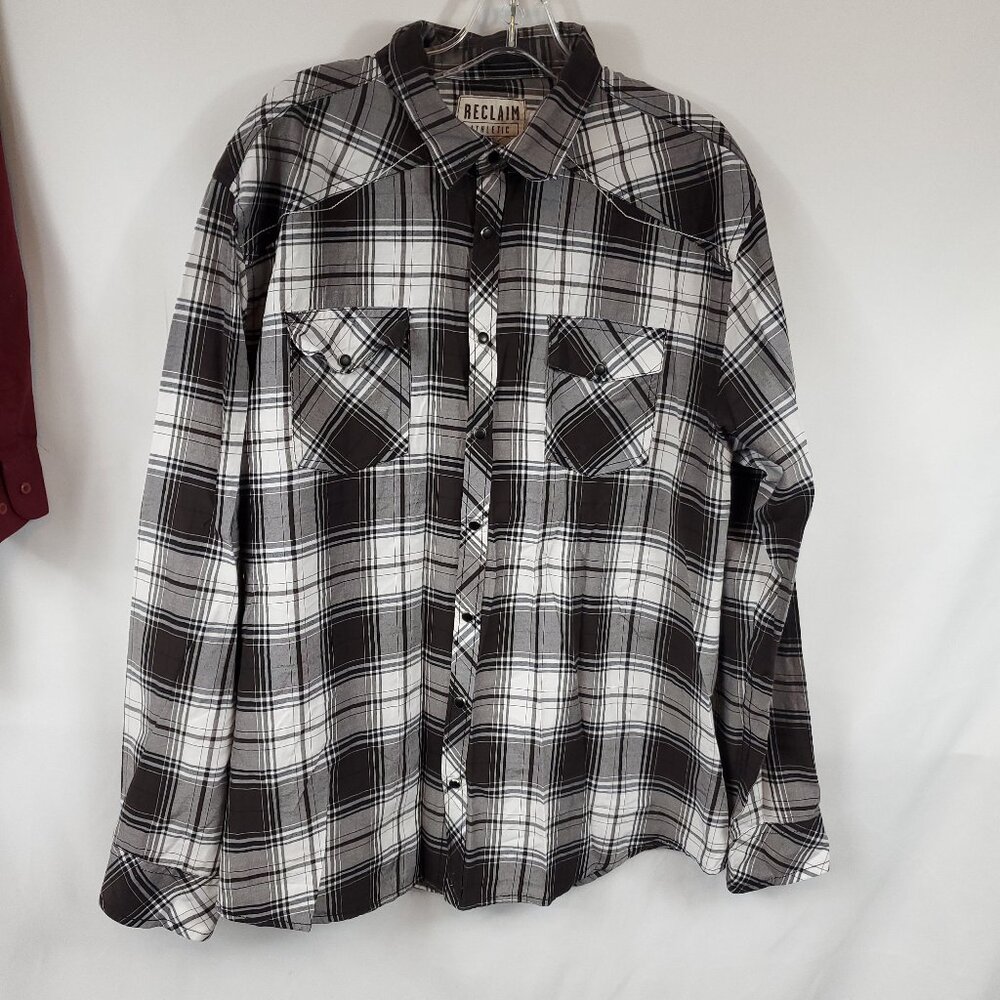 Reclaim Athletic Mens Button Up Lng Slv Black White Plaid Collared Dress Shrt XL